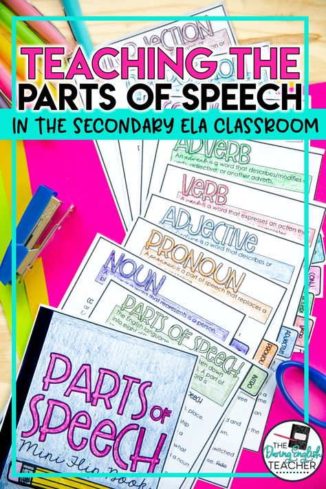 English Parts Of Speech, Grammar High School, Classroom High School, 8 Parts Of Speech, Eight Parts Of Speech, Middle School Grammar, Mini Flip Book, Speech Lessons, Secondary Ela Classroom