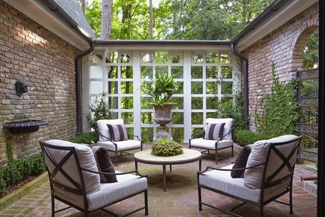 Classically neutral | desiretoinspire.net | Bloglovin’ Patio Furniture Placement, Backyard Envy, Patio Plans, Brick Patio, Courtyard Design, Enclosed Patio, Brick Walls, Brick Patios, Patio Interior