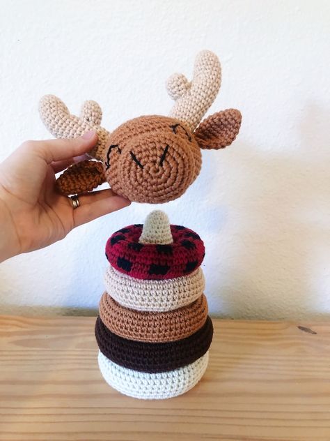 PDF Pattern: Woodland Moose Stacking Ring Crochet Toy - Etsy Crocheted Woodland Animals, Crochet Ring Stacking Toy, Things To Crochet Animals, Sellable Crochet Patterns, Crochet Stacking Rings, Crochet Baby Stacking Toys, Kids Crochet Toys, Woodland Crochet Patterns, Crochet Toys For Kids