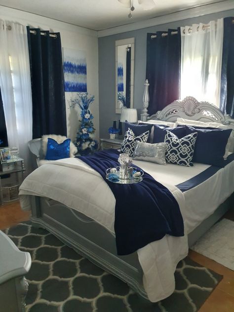 Royal Blue And Gray Bedroom Ideas, Navy Blue White And Silver Bedroom Decor, Blue Silver Bedroom Ideas, Blue Black And Silver Bedroom Ideas, Black Grey And Blue Bedroom, Blue And Gray Bedroom Ideas Decorating, Royal Blue And White Bedroom Ideas, Royal Blue Bedroom Ideas For Women, Royal Blue Bedroom Ideas For Couples