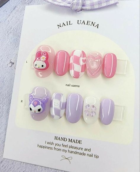 My Melody Nail Designs, Simple My Melody Nails, Cute Nail Designs Sanrio, My Melody Short Nails, Kuromi Nail Art Simple, My Melody And Kuromi Nail Art, Korean Pastel Nails, Kpop Gel Nails, My Melody Kuromi Nails