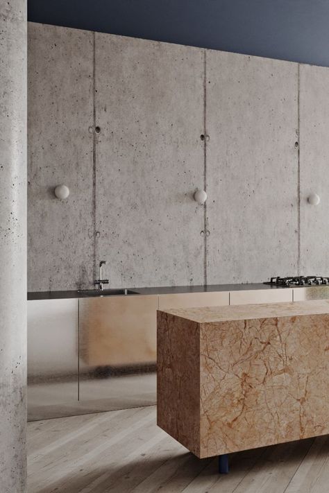 Smooth concrete pillars are exposed with sleek, stainless steel cabinetry and a marble island heightening the minimalist vibe in the Boffi K21 kitchen. Dinesen floorboards run across the apartment, which has concealed storage to maintain clean sightlines to the south-facing balcony. Image: Yaroslav Priadka / Fantastic Frank #interiors #interiorstyle #interiordesign #berlin #apartment #brutalism #concrete #kitchen Berlin Apartment, Smooth Concrete, Marble Island, Concrete Kitchen, Brutalism, Berlin, Marble, Apartment, Texture