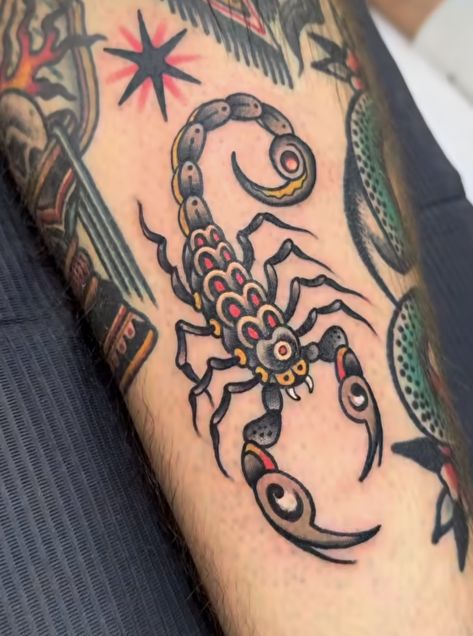 Trad Scorpion Tattoo, Traditional Tattoo Scorpion, Scorpion Tattoo Traditional, American Traditional Scorpion Tattoo, Scorpion Tattoo For Men, Traditional Scorpion Tattoo, Traditional Tattoo Arm, Scorpion Tattoos, Traditional Hand Tattoo