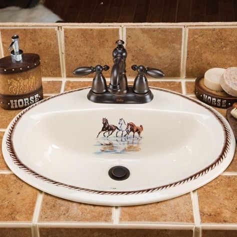 Western Bathroom Sink, Western Theme Bathroom, Half Bath With Pedestal Sink, Horse Bathroom, Cowboy Bathroom, Horse Room Decor, Western Bathrooms, Barnwood Ideas, Rustic Bathroom Ideas