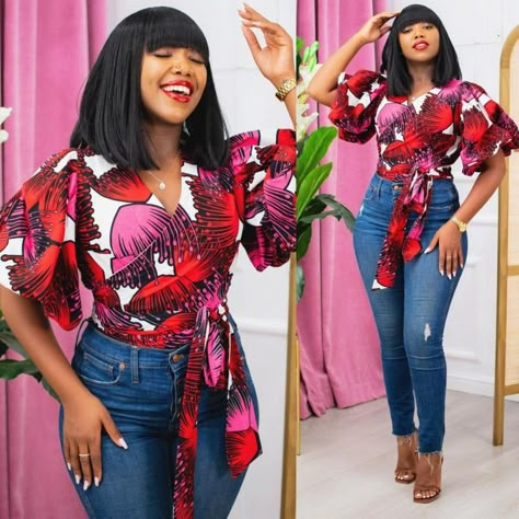 Nice Ankara Tops For Ladies, Chitenge Tops For Ladies, Ankara Wrap Top Styles, Kitenge Tops Designs, African Tops For Women Ankara, Ankara Blouse Styles For Jeans, Simple Ankara Top Styles, Latest Ankara Top Styles, Ankara Wrap Top