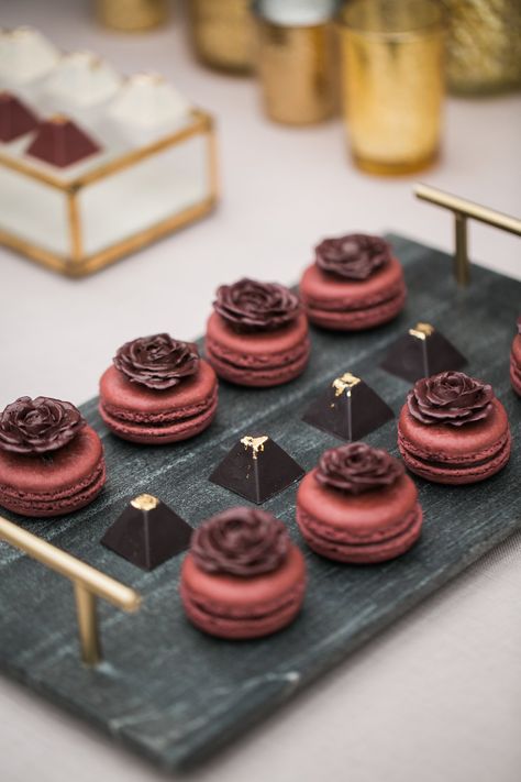 Maroon Macarons, Moody Color Scheme, Dessert Photos, Floral Ice Cubes, Moody Color Palette, Wedding Cake Images, Floral Ice, Inside Weddings, Chic Bridal Showers