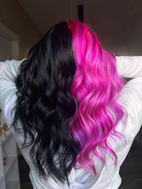 Pink And Black Color Block Hair, Half Hot Pink Half Black Hair, Magenta Split Dye, Pink And Black Hair Color Ideas, Pink And Black Split Dye Short Hair, Spilt Dye Hair Ideas Blonde, Black And Pink Split Dye, Dark Colorful Hair, Half N Half Hair Color