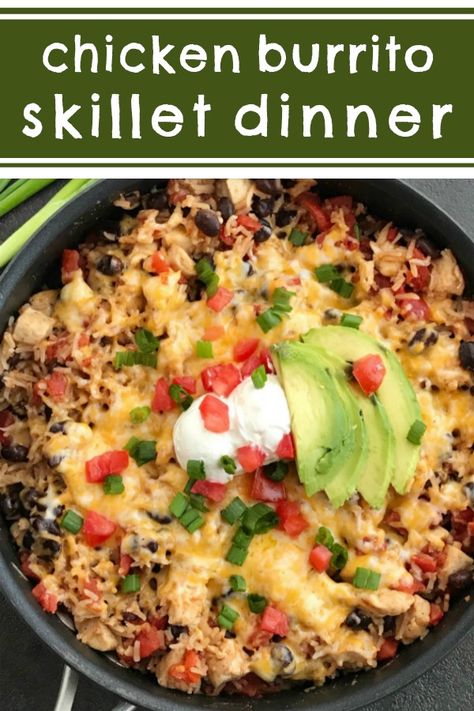 Chicken Burrito Skillet, Chicken Rice Beans, Burrito Skillet, Burrito Ingredients, Cheesy Dinner, One Pan Dinner Recipes, Easy Skillet Dinner, Beans And Tomatoes, Slow Feeder Dog