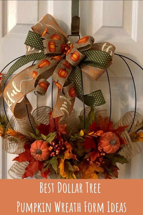 Dollar Tree Fall Pumpkin Wreath, Dollar Tree Wired Pumpkin Diy, Pumpkin Wreaths For Front Door Deco Mesh, Wire Pumpkins Diy, Dollar Tree Wreaths Fall, How To Make A Pumpkin Wreath From Dollar Tree, Wire Pumpkin Form Ideas, Diy Dollar Tree Pumpkin Form, Fall Wire Pumpkin Decor