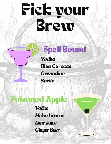 Level up your Halloween Witch inspired bar with this fun drink menu! 8.5 x11 poster, perfect to frame and showcase at your next costume party! Halloween Drink Menu Ideas, Vodka Melon, Cranberry Mimosa, Spooky Dinner, Apple Vodka, Halloween Party Drinks, Halloween Drink, Cocktail Drinks Alcoholic, Halloween Cocktail