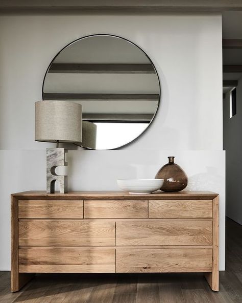 Crate and Barrel on Instagram: "Now entering your dream entryway. 🤩 To curate your own, follow this formula: statement mirror + artsy vase + storage. Show us how you make yours a moment with #CrateStyle. #Entryway #EntrywayFurniture #EntrywayDecor" Crate And Barrel Dresser, Stone Table Lamp, White Centerpiece, Oak Dresser, Stone Table, Modern Mirror Wall, White Oak Wood, Floor Mirrors, Crate Barrel