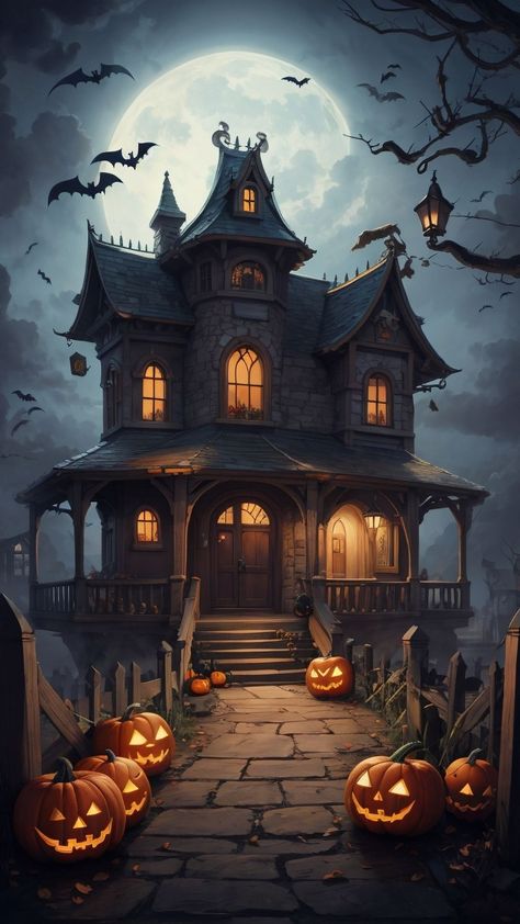 free wallpapers 4K house, pumpkins, halloween, dark, art for mobile and desktop Spooky Halloween Pictures, Pinterest Photography, Halloween Graphics, Free Phone Wallpaper, Scary Places, Free Iphone Wallpaper, Halloween Haunted Houses, More Wallpaper, Halloween Backgrounds