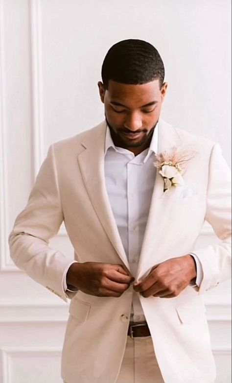 Prom Suits For Men Nude, Wedding Tuxedo For Men Cream, Black Guy Wedding Suit, Wedding Suits Groom Dark Skin, Suit For Dark Skin Men Wedding, Groom Suit Black Man, Black Man Wedding Suit, Groom Cream Suit, Black Grooms