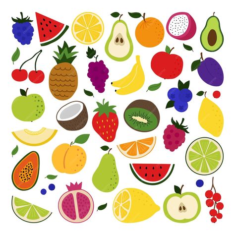 Premium Vector | Set of hand drawn fruits and berries doodle. Cartoon Fruit Painting, Fruit Cartoon Illustrations, How To Draw A Fruit, Cartoon Fruit Drawing, Retro Fruit Illustration, Cute Fruits Drawings, Cute Fruit Illustration, Fruit To Paint, Fruit Doodles