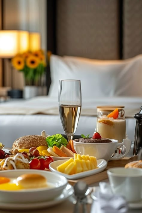 Breakfast in bed hotel room service. Ideas to make your home bedroom feel like a luxurious hotel. Staycation ideas for at-home vacation vibes. Hotel Room Service Breakfast, Romantic Hotel Aesthetic, Hotel Room Picture Ideas, Breakfast In Hotel Room, Luxury Hotel Breakfast, Luxury Breakfast In Bed, Hotel Room Breakfast, Hotel Aesthetic Room, Breakfast Spread Ideas