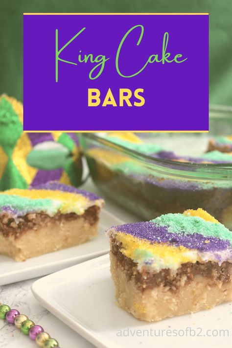 King Cake Inspired Dessert, Mardi Gras Desserts Easy, King Cake Cheesecake Recipe, Mardi Gras Treats, Marti Gra, Mardi Gras King Cake Recipe, Mardi Gras Snacks, Mardi Gras Cookies, Baking Bars