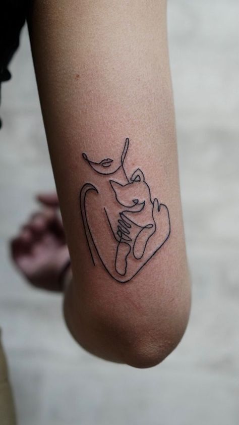 Tattoo Of 2 Cats, Patchwork Tattoo Ideas Cat, Cat Soulmate Tattoo, Cat Lover Tattoo Minimalist, Multi Cat Tattoo, Skeleton And Cat Tattoo, Cat And Owner Tattoo, Cat And Human Tattoo, Subtle Cat Tattoo