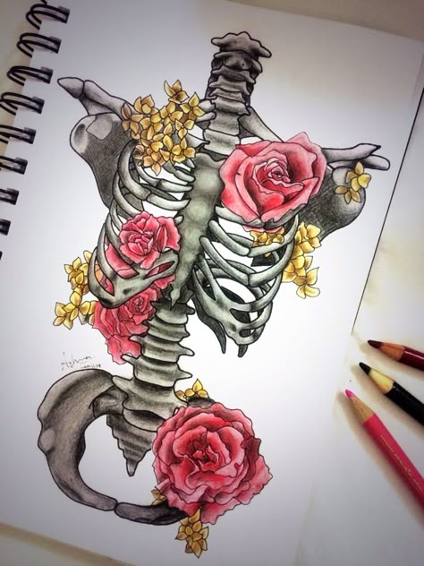 Bones and roses. Drawing. Ink. Illustration. Coloured pencils. Skeleton. Sketchbook Aesthetic, Flowers Mandala, Drawing Flowers, Skeleton Art, Medical Art, Plant Drawing, Gcse Art, Arte Sketchbook, Anatomy Art