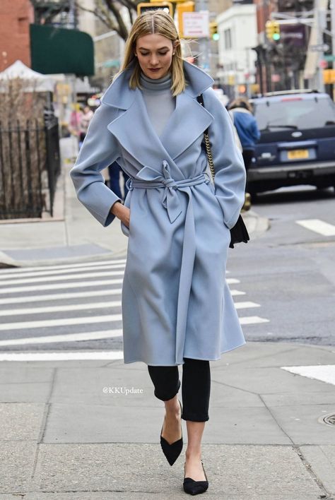 Light Blue Peacoat Outfit, Baby Blue Winter Outfit, Light Blue Coat Outfit Winter, Light Blue Coat Outfit, Powder Blue Coat, Blue Coat Outfit, Baby Blue Pants, Karlie Kloss Style, Light Blue Coat