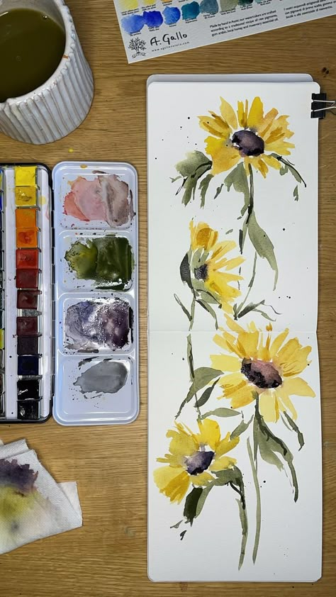 Flower Art Watercolor, Sunflowers Watercolor, Art Painting Watercolor, Loose Watercolor Flowers, Watercolor Sunflowers, Art Tutorials Watercolor, Watercolor Flowers Tutorial, Watercolor Tutorials, Watercolor Paintings For Beginners