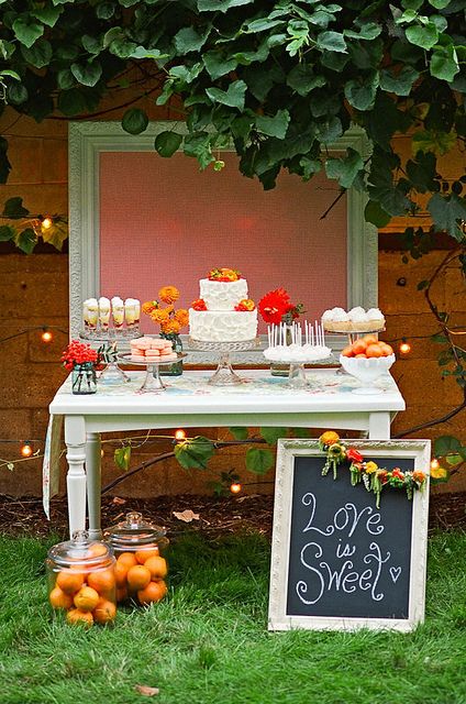 I love the frame idea but I want it more rustic and not so colorful...more vintage rustic looking with perhaps a rustic door and some shutters? Decoration Buffet, Blue Mason Jars, Dessert Party, Picnic Wedding, Rustic Bridal, Dessert Buffet, Colorful Candy, Sweet Table, Cake Table