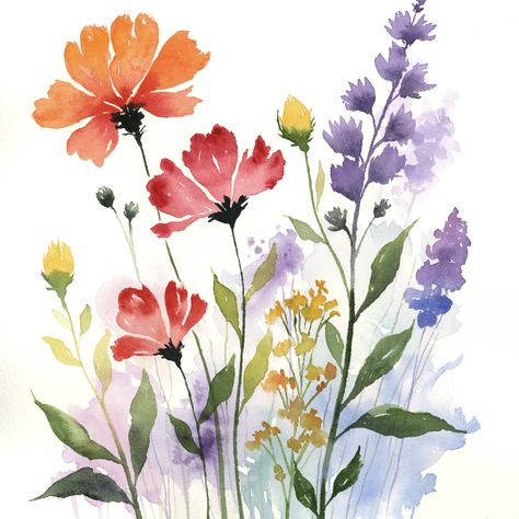 Loose Watercolor Flowers Watercolour, Watercolor Wildflowers Simple, Watercolor Art Loose Flower, Wildflower Watercolour Painting, Watercolor Samples, Watercolour Wildflowers, Flower Hd, Wildflower Watercolor, Watercolor Wildflowers