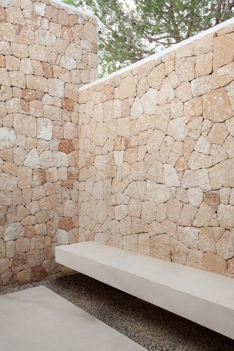 Spectacular modern dream home on the island of Ibiza Nature Building, Stone Wall Design, Stone Wall Cladding, Stone Facade, Yellow House, Stone Architecture, Stone Cladding, Stone Walls, Patio Interior