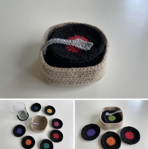 Crochet Husband Gift, Crochet Vinyl Record Coaster, Things To Crochet Boyfriend, Crochet Ideas For Grandparents, Grandpa Crochet Gifts, Crochet Record Player, Crochet Gifts For Grandfather, Record Coasters Crochet, Crochet Record Coasters