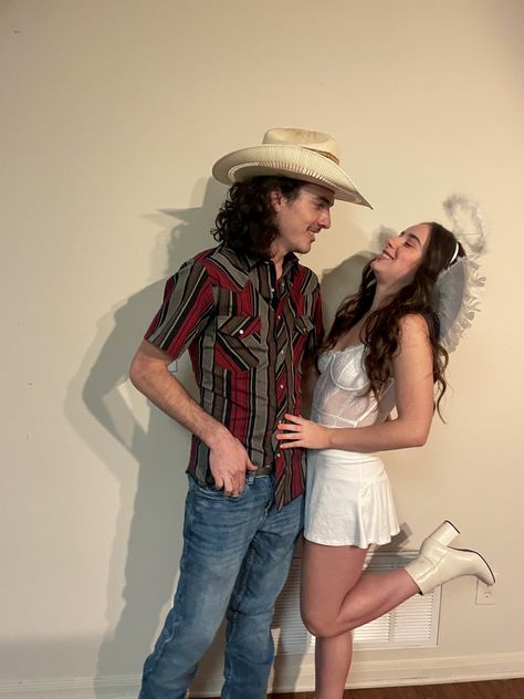 Easy and cute couples halloween costume Cowboy And Angel Costume Halloween, Cowboy And Angel Costume, Cowboy And Angel Couple Costume, Cowboy Couple Halloween Costumes, Cow And Cowboy Couple Costume, Couple Cowboy And Cowgirl Costumes, Couple Halloween Costumes Cowboy And Cowgirl, Cute Couples Halloween, Angel Halloween Costumes