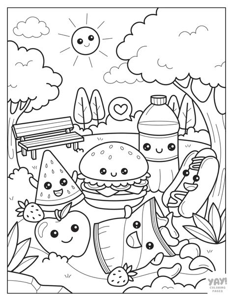 Mcdonalds Coloring Pages, Yay Coloring Pages, Watermelon Burger, Dog Colouring Pages, Kawaii Picnic, Cute Kawaii Coloring Pages, Cute Coloring Pages For Kids, Kawaii Coloring Pages, Food Coloring Pages