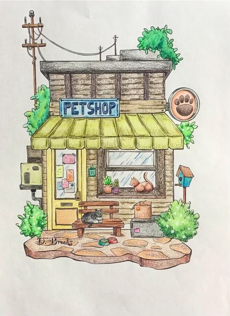 The Pet Shop by Reyda Prints - Etsy Town Drawing Buildings, Pet Shop Illustration, Shops Drawing, Pet Shop Aesthetic, Procreate Building, Store Drawing, Tree House Drawing, Town Drawing, Art Buildings