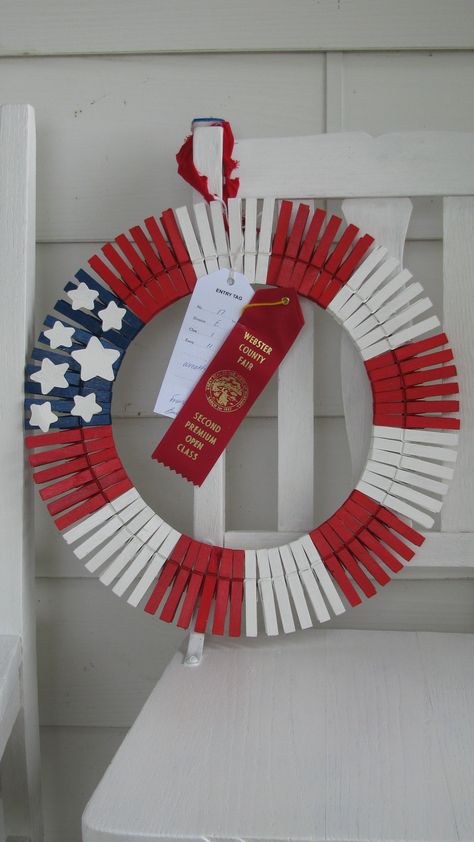 PATRIOTIC CLOTHESPIN WREATH -- received a red ribbon at our county fair...and a 1st place at the Nebraska State Fair! 4h Fair Project Ideas, County Fair Projects Ideas, County Fair Crafts For Kids, 4h Fair Projects, Fair Projects 4-h, 4h Project Ideas For Fair, 4 H Project Ideas, 4h Project Ideas, County Fair Crafts