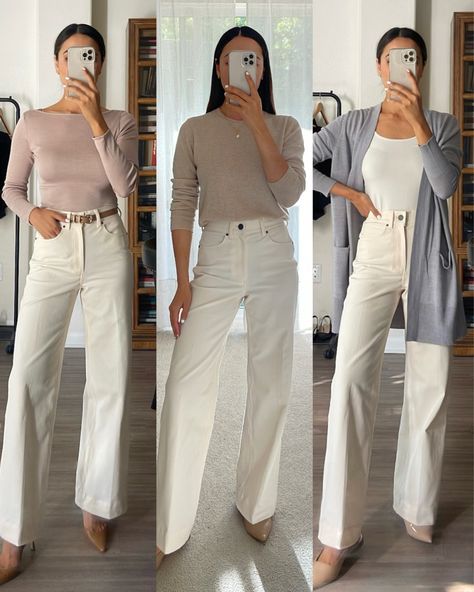 Ivory Pants Outfit, Outfits With Wide Leg Jeans, Casual Date Night Outfit Summer, Wide Leg Pants White, Styling Wide Leg Pants, Summer Day Outfits, Summer Workwear, Work Attire Women, Outfits Styling