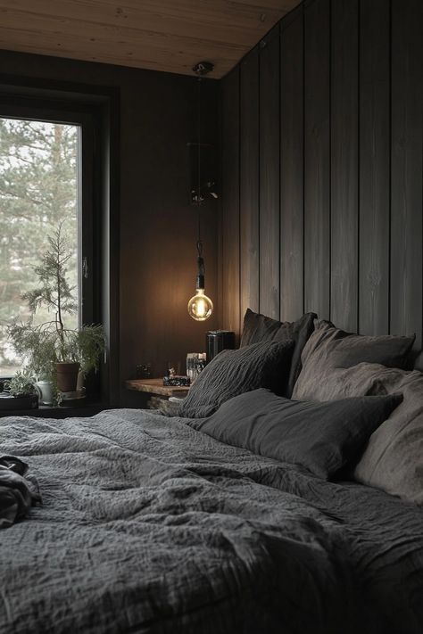 Cozy Dark Grey Bedroom Dark Grey Bedroom, Dark Modern Bedroom, Dark Gray Bedroom, Dark And Moody Bedroom, Vibe Bedroom, Grey Duvet, Modern Bedroom Ideas, Sculptural Furniture, Dark Modern