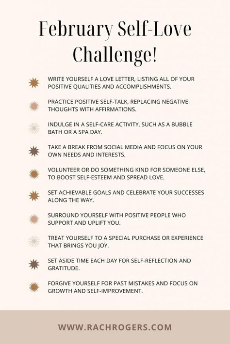 Taking care of ourselves is essential for a happy and fulfilling life, and that's why I've created this February Self-Love Challenge. #selflove #selflovechallenge #februarychallenge #monthlychallenge #selfcare #happylife #fulfillinglife #wellnessblog #selfcareblog October Self Love Challenge, Self Love February, February Self Love Challenge, February Self Care Challenge, February Self Love, February Affirmations, Self Love Challenge, Rachel Rogers, February Challenge