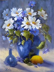 Paintings Impressionism, White Anemones, Flowers Blue, Painting Artist, Hive Mind, Oil Painting Flowers, Blue Vase, Flower Art Painting, Arte Floral