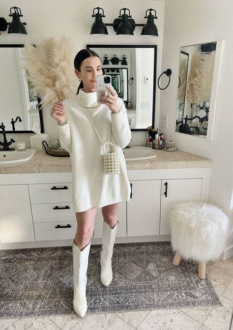 White Dress With Knee High Boots, Outfit To Get Engaged In, Winter White Cowboy Boots Outfit, Ivory Cowboy Boots Outfit, Fall White Outfit, Sweater Dress And Cowboy Boots, White Boots Fall Outfit, White Boots With Dress, White Cowgirl Boots Outfit Winter