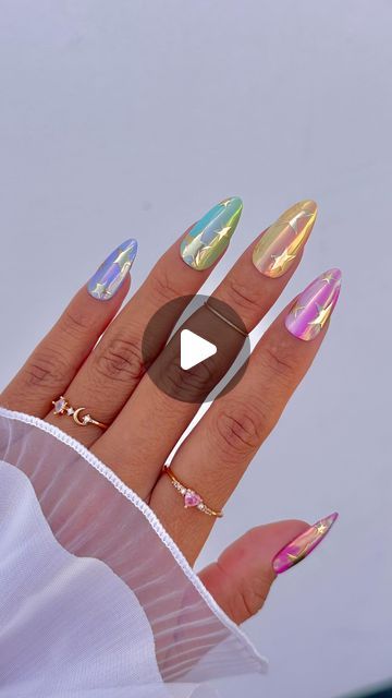 Daily Charme Official on Instagram: "Rainbow Chrome Star Summer Nails ⭐✨🌈 Comment “STAR” for everything you need to recreate this look!

Save & share for inspo!

✨
✨
✨

#chromenails #summernails #ombrenails #skittlenails #almondnails #glazeddonutnails #iridescentnails #nailtutorial #nailhack #summernails2024 #nailchrome" Chrome Rainbow Nails, Rainbow Nail Art Designs, Rainbow Chrome, Chrome Star, Basic Nail, Rainbow Nail Art, Beautiful Lipstick, Basic Nails, Festival Nails