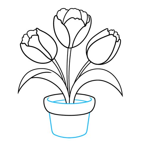 Tulips in a Pot step-by-step drawing tutorial: step 8 Tulips In A Pot, Tulip Drawing, Printable Puzzles For Kids, Tulip Bulbs, Printable Puzzles, Dogwood Flowers, Flowers Petals, Cartoon Flowers, Drawing Tutorial Easy