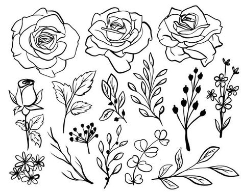 Isolated rose flower line art with leave... | Free Vector #Freepik #freevector #background #pattern #flower #vintage Digital Art Software, Flower Svg Files, Tattoo Filler, Logo Floral, Flower Vintage, Hand Drawn Flowers, Tattoo Set, Art Et Illustration, Pattern Flower