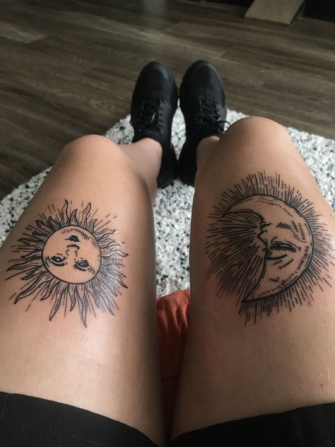 Sun And Moon Leg Tattoos Women, Moon And Sun Tattoo Thigh, Moon And Sun Leg Tattoo, Two Thigh Tattoos, Separate Sun And Moon Tattoos, 2 Piece Tattoo, Double Knee Tattoos Women, Sun And Moon Tattoo Above Knee, Sun Moon Leg Tattoo