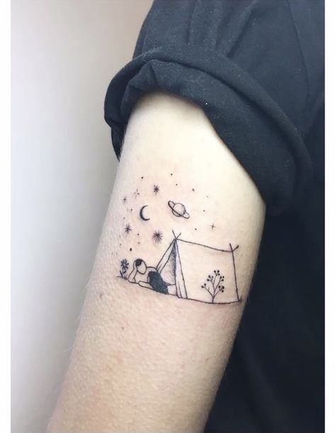 Camping Tatoo, Camping Tattoo Ideas, Tent Tattoo, Tattoo Camping, Arm Patchwork, Hiking Tattoos, Witch Tattoos, Semi Colon Tattoo, Personal Tattoos