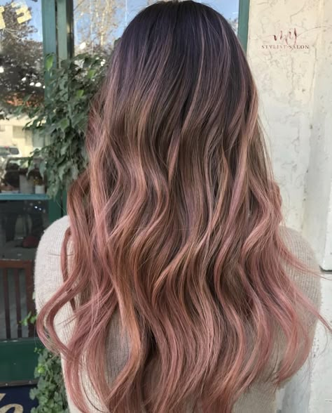 Dark Brown And Rose Gold Hair, Pastel Pink Hair Balayage Brown, Blush Balayage Brunette, Asian Pink Balayage, Ash Rose Gold Hair Balayage, Brunette Hair With Rose Gold Highlights, Light Rose Gold Hair Blonde Balayage, Rosy Brunette Hair, Dusty Rose Highlights Brunette