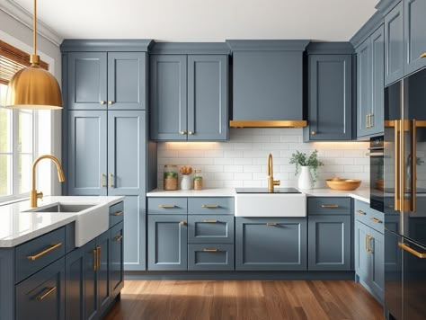 Image for Blue Gray Cabinets with Brass Accents: Blue Kitchen Wood Cabinets, Blue Vs Green Kitchen Cabinets, Blue And Stained Kitchen Cabinets, Neutral Blue Kitchen Cabinets, Blue Grey Paint Color Kitchen, Kitchen Cabinets Makeover Blue, Grey Blue Kitchen Ideas, Blue Cabinet Paint Colors Sherwin Williams, Blue Painted Cabinets Kitchen