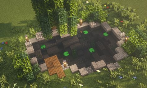 Mincraft Axalotal Pond, Pond Minecraft Aesthetic, Minecraft Pond Ideas Aesthetic, Minecraft Pond Design, Minecraft Heart Pond, Minecraft Pond Ideas, Minecraft Pool Ideas, Minecraft Outdoor Ideas, Cave Minecraft