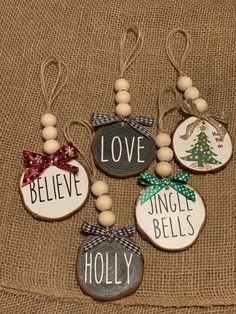 Painted Christmas Ornaments Wooden Gift Tags, Tree Pieces Wood Slices, Wooden Joy Sign Diy Christmas Wood Blocks, Birch Round Christmas Ornaments, Holiday Wood Ornaments, Round Wood Disc Crafts, Rae Dunn Inspired Ornaments, Wood Slice Angel Ornament, Wooden Round Wreath Ideas