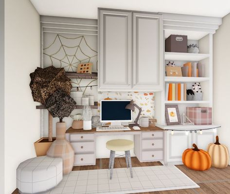 Autumn Bedroom / Bloxburg Build / Cute / Pumpkin / October / Aesthetic / Bedroom / White / Brown / Grey / Orange Build Cute, Bloxburg Layout, Autumn Bedroom, Xmas House, October Aesthetic, Autumn House, Yellow Desk, Fall Bloxburg, Fall House