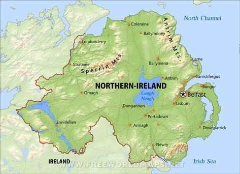 Northern Ireland map Northern Ireland Map, World Map Europe, Hogwarts Classes, Northern Ireland Travel, Ireland History, Images Of Ireland, Southern Ireland, Ireland Map, Physical Map