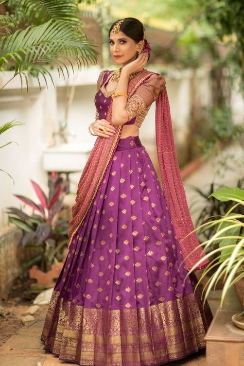 Lehengas From Sarees, Purple Half Saree South Indian, Silk Lehenga Designs Latest, Half Saree For Engagement, Silk Half Saree Designs, Latest Half Saree Designs Party Wear, Purple Half Saree, Kanchi Pattu Lehenga Half Saree, Half Saree Designs Simple