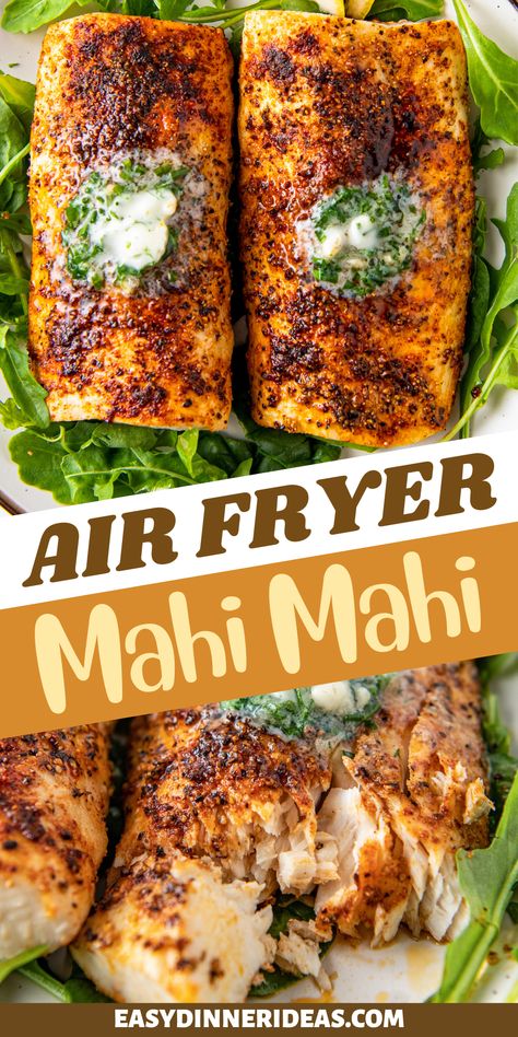 Who doesn't love flavorful, restaurant-quality fish cooked at home in less than 10 minutes? This Air Fryer Mahi Mahi recipe is perfect for an easy weeknight dinner or even a dinner party! The Mahi Mahi is seasoned with dried spices and flavorful Homemade Garlic Herb Butter. Glazed Mahi Mahi Recipes, Mahi Mahi Air Fryer Recipes Healthy, Mahi Filet Recipes, Air Fryer Mahi Mahi From Frozen, Recipes With Mahi Mahi, Dolphin Recipes Mahi Mahi, Mango Mahi Mahi Recipes, Ways To Cook Mahi Mahi, Magi Mahi Recipes Air Fryer